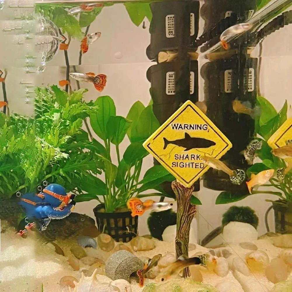1PC Aquarium Landscape Decoration, Yellow Shark Warning Sign, Fun Aquarium Landscape Decoration